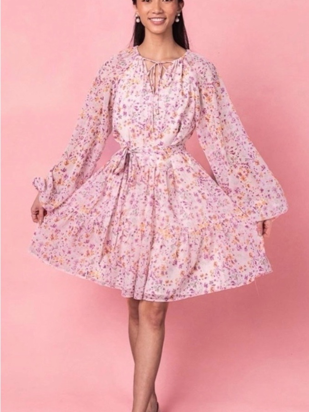 Ivy City Co Pastel Pink Floral Tie-Neck Tiered Dress